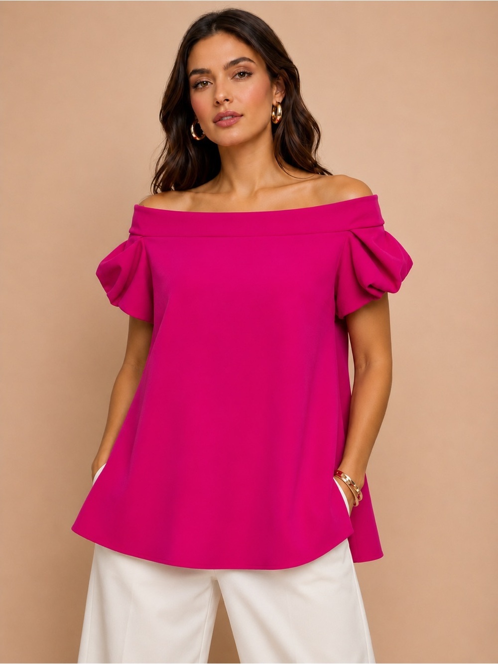 Chiara Boni La Petite Robe Hot Pink Off Shoulder Tulip Sleeve Trapeze Scuba Top